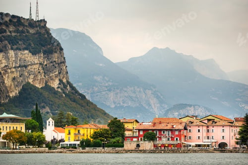 Preview: Beautiful lake Lago di Garda and the village of Torbole, Alpine scenery. Italy