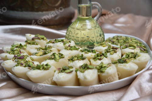 Preview: Delicious Creamy Desserts Topped with Pistachios on Plate