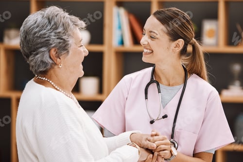 Vista previa: Healthcare, insurance and a senior woman patient and nurse consulting during a checkup in a retirem