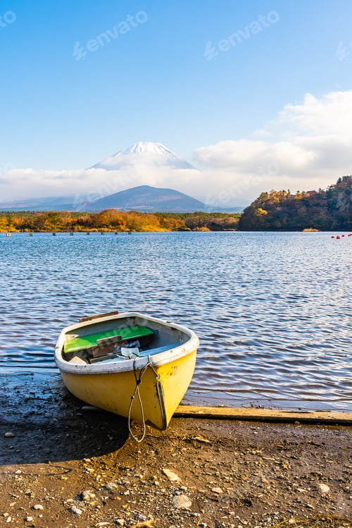 Preview: Beautiful landscape of mountain fuji with maple leaf tree around