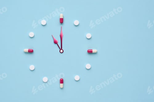 Preview: Clock created from pills and capsules on pastel blue background