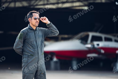 Preview: Pilot in uniform at airport. Asian Confident male pilot in uniform and checking flight plan