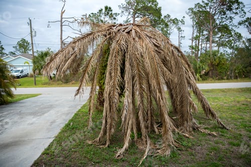 Preview: Dead palm tree with dry branches on Florida home backyard. Tree removal concept