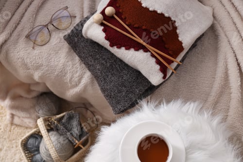 Preview: Concept of hobby, cozy winter and autumn hobby - knitting