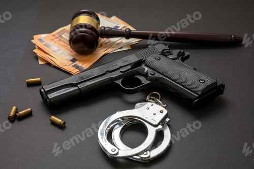 Preview: Judge gavel, handcuffs, banknotes and a 9mm pistol on black background,