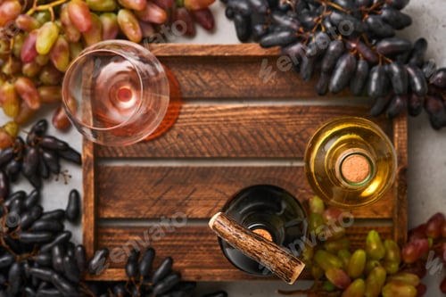 Preview: Two Wine bottles with grapes and wineglasses on old gray concrete table background with copy space.