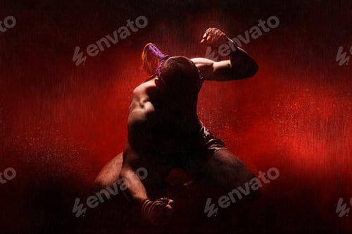 Preview: Thai Boxer In The Rain And Under A Red Spotlight. Mongkhon. The Concept Of Tournaments, Thai Boxing