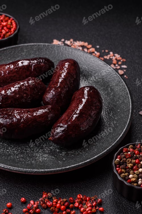Preview: Blood sausage, pudding, meat food with lard and spices. Blood sausage