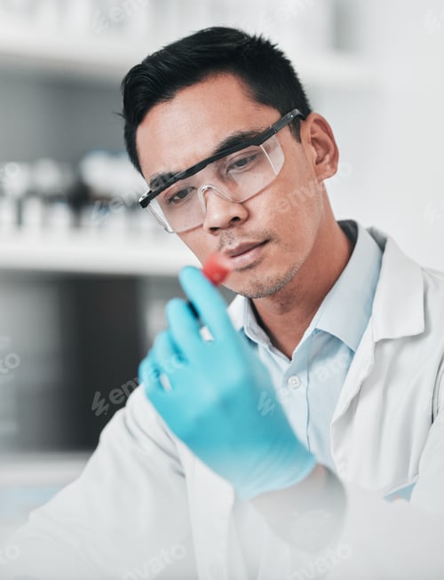 Preview: Science, test tube and asian man in laboratory for medical analysis, health inspection and vaccine