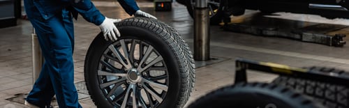 Preview: cropped view of mechanic with car wheel in workshop, panoramic shot