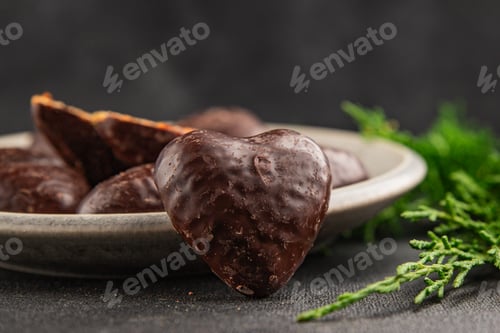 Preview: Gingerbread chocolate heart shaped honey cakes Christmas sweet dessert new year food