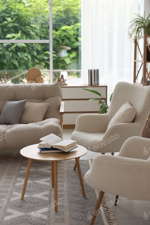 Preview: Stylish sofa and other furniture in living room. Interior design