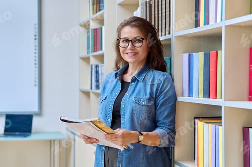 Preview: Portrait mature woman teacher, educational behavioral specialist with textbook in classroom