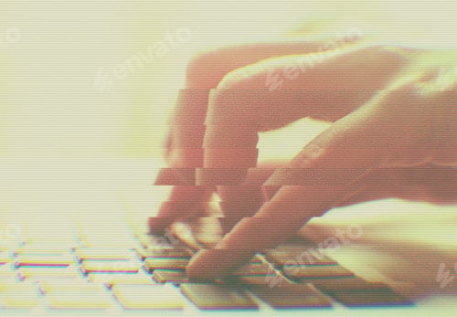 Preview: Close up hands typing on computer laptop, technology concept with glitch and distortion effect