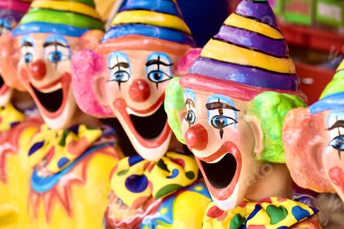Preview: Bright and colorful clowns at the sideshow at a fair.