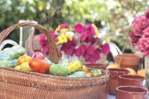 Preview: A wicker basket full of chocolate Easter eggs on a table in colourful nature