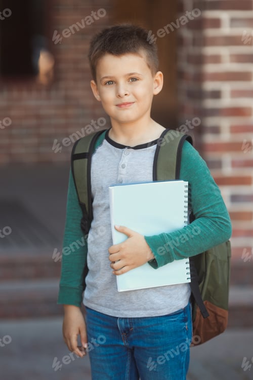 Preview: A little boy 6-7 years old goes to school in casual clothes wearing backpack near brick wall