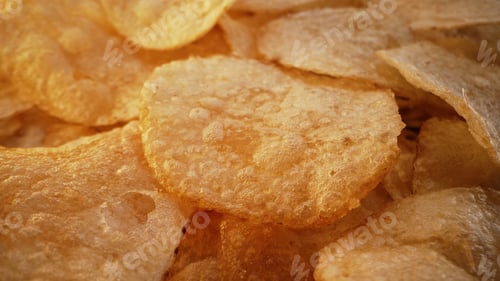 Preview: Crispy Potato Chips. Golden Fried Slices In Macro. Unhealthy Snack, Junk Food