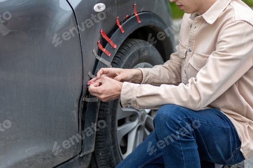 Preview: a man glues a car wing that has fallen off after an accident on tape