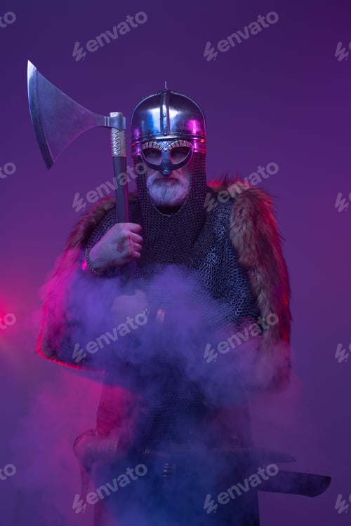 Preview: Cyberpunk elder viking with axe in smoke