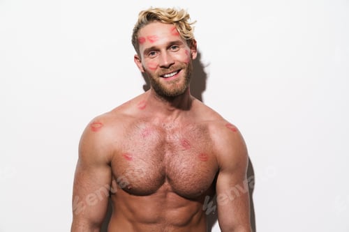 Preview: White shirtless man with lipstick marks smiling and looking at camera