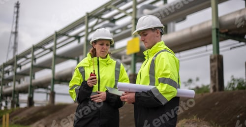 Preview: Engineers wearing safety gear, including hard hats examining survey a large blueprint tablet standin