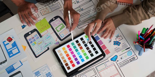 Preview: UI/UX Design Collaboration. Close-up of designers selecting colors and refining wireframes.
