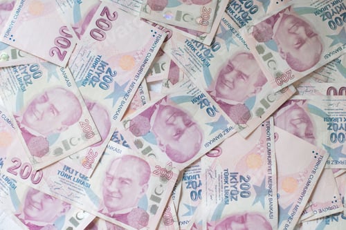 Preview: Turkish lira background, purple Turkish money, 200 tl banknotes, money texture, copy space