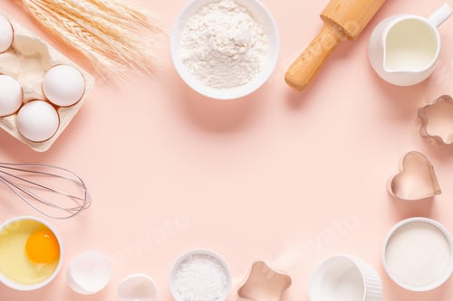 Preview: Ingredients for baking on light pink background.
