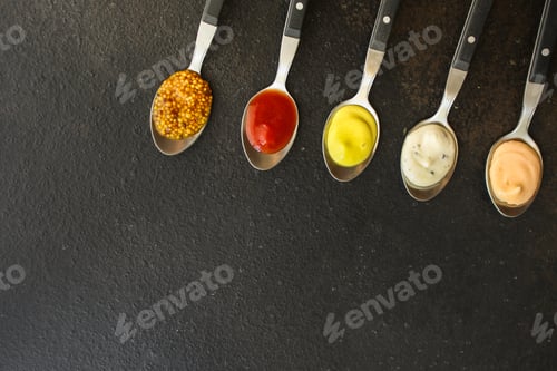 Preview: Sauces, Portion Serving (Ingredients And Dressing To Dish). Top View. Copy Space