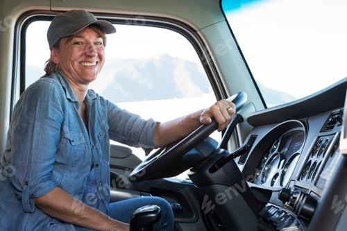 Preview: Caucasian woman truck driver in the cab of her commercial truck at a truck stop