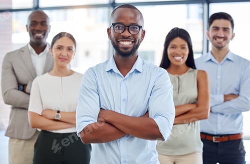 Preview: Leadership, pride and business people with smile for management at a startup company together at wo