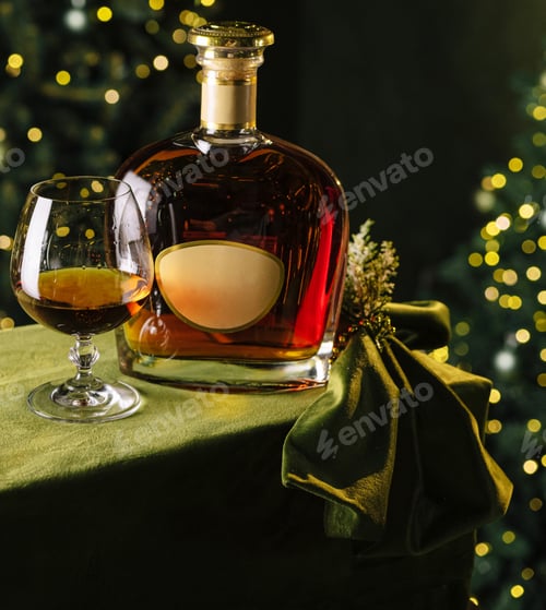 Preview: Elegant holiday drink setup with whiskey and decorations