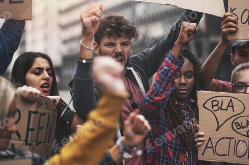 Preview: Students screaming at protest for human rights outdoors in smoke