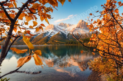 Preview: Rundle Forebay with yellow foliage covered rocky mountains reflection in autumn at Canmore, Canada