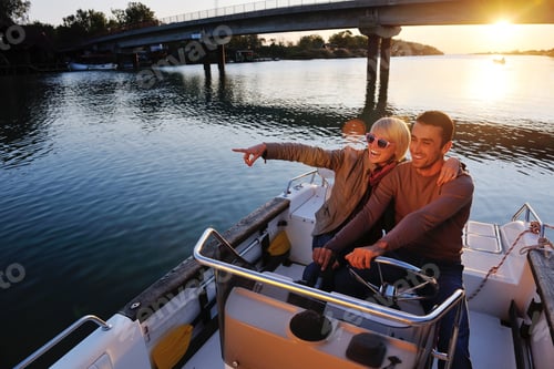 Preview: Happy Young Couple In Love Have Romantic Time At Summer Sunset At Ship Boat While Representing