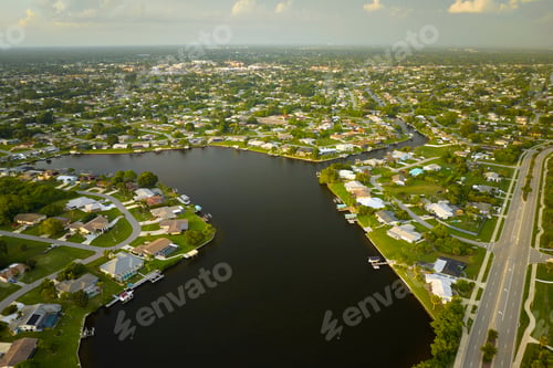 Preview: Aerial view of rural private houses in remote suburbs located on sea coast near Florida