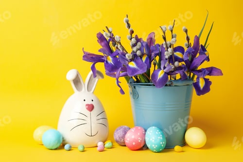 Preview: Bunny, Easter eggs and bucket with flowers on yellow background