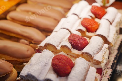 Preview: Pastry display with strawberries at a bakery shop