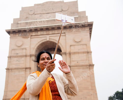 Preview: Tourist taking selfie with smart phone in front of India Gate, Delhi, India.