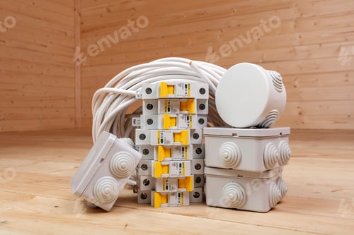 Preview: Electrical installation kit with circuit breakers, junction boxes, and cables against wooden wall