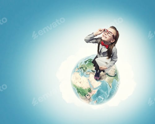 Preview: Wideangle Picture Of Funny Schoolgirl With Paper Plane. Elements Of This Image Are Furnished By Nasa