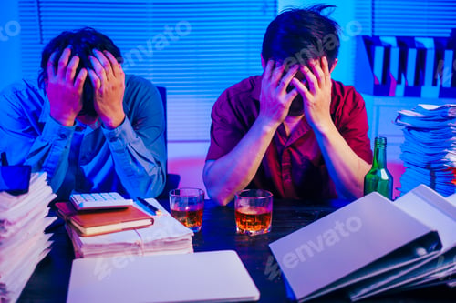 Preview: Two men are working late at office,drinking beer while checking documents.They are overwhelmed