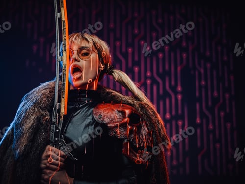 Preview: Young woman with sword and ponytails wearing fur
