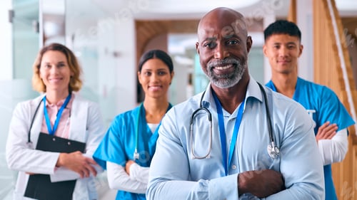 Preview: Portrait Of Smiling Multi Cultural Medical Team Wearing Scrubs And White Coats In Modern Hospital