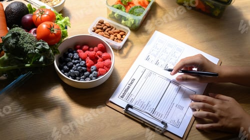 Preview: Nutritionist writing a healthy meal plan with fresh fruits, vegetables, and nuts on the table