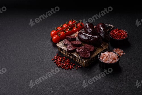 Preview: Blood sausage, pudding, meat food with lard and spices. Blood sausage