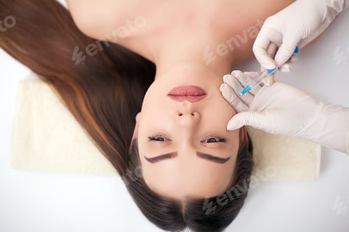 Preview: Attractive woman at plastic surgery with syringe in her face