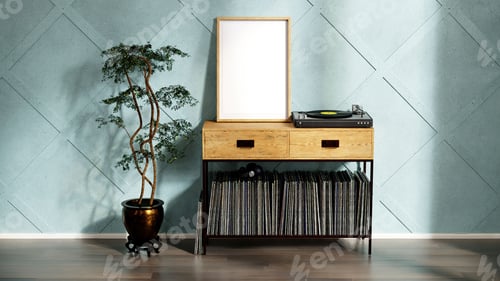 Preview: Audiophile room with empty poster frame mockup, green stucco wall with extruded shapes, 3d render
