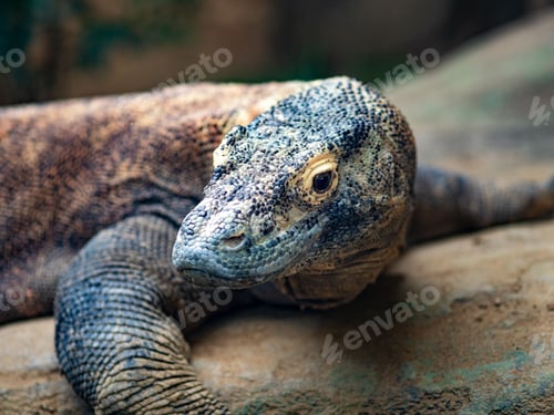 Preview: Macro portrait of a Komodo dragon laying on a stone